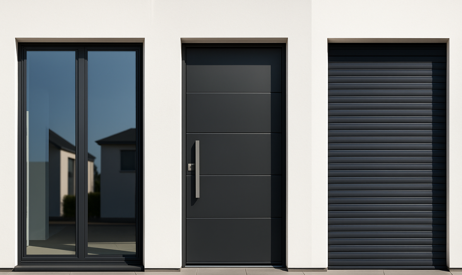 3 Bilder erstellen: 1. Mit modernen großen Fenster 2. Mit modernen große Tür 3. Mit modernen anthrazit Rollläden. Alle nebeneinander