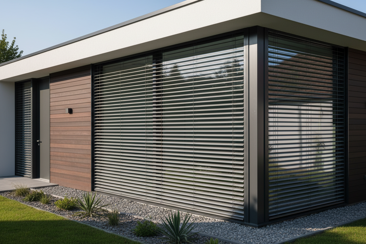 Ein fenster mit raffstore von außen modernes Haus